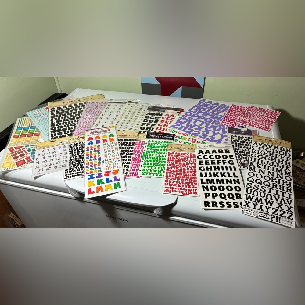 Colorful Alphabet & number Sticker Sets  21 packages. Most unopened